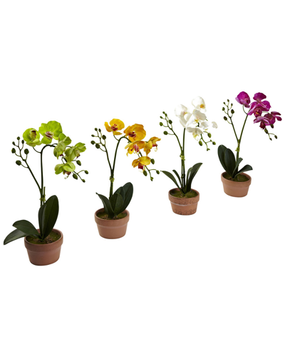 Nearly Natural Set Of 4 Phalaenopsis Orchid With Clay Vase In Multi