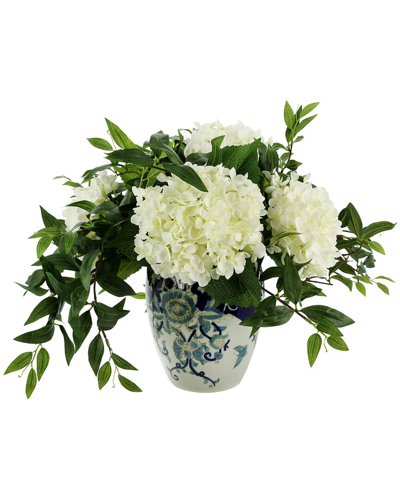 Creative Displays White Hydrangea And Ruscus Arrangement In A Ceramic Vase
