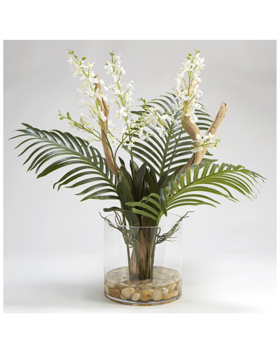 D&w Silks Large Ghostwood Branch With Dendrobium Orchids And Palm Frond In Glass Dish