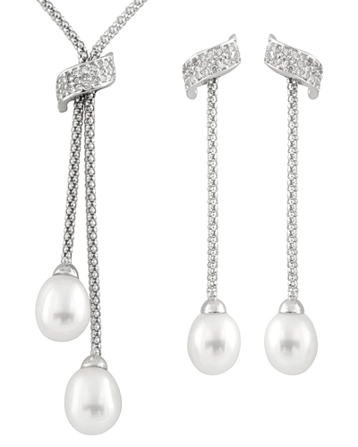 Splendid Pearls Silver 7-9mm Freshwater Pearl & Cz Earrings & Necklace Set Set