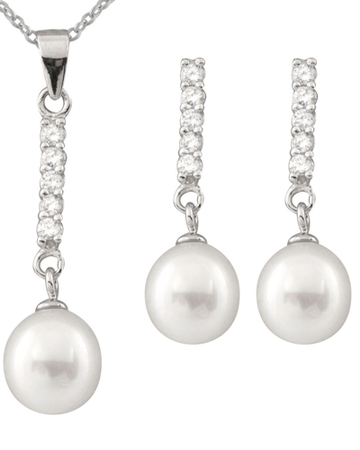 Splendid Pearls Silver 7.5-8mm Freshwater Pearl & Cz Earrings & Necklace Set