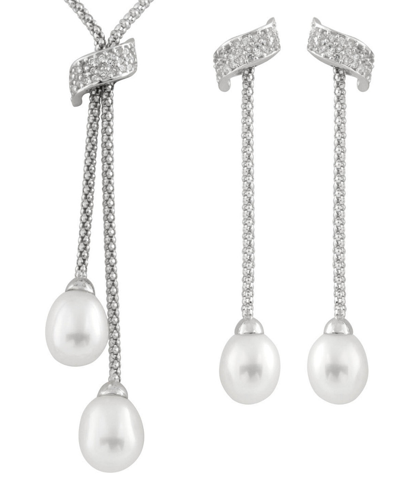 Splendid Pearls Rhodium Over Silver 7-9mm Pearl Necklace & Earrings Set