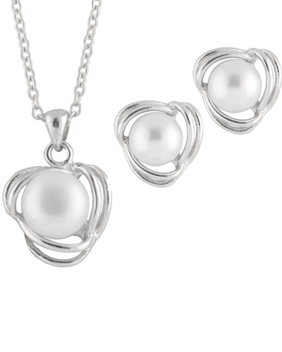 Splendid Pearls Rhodium Plated 6-6.5mm Pearl Necklace & Stud Sets