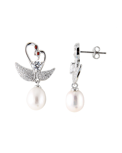 Splendid Pearls Rhodium Plated Silver 7.5-8mm Pearl & Cz Drop Earrings