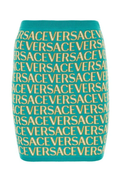 VERSACE VERSACE WOMAN EMBROIDERED STRETCH COTTON BLEND VERSACE ALLOVER MINI SKIRT