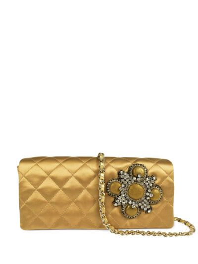 Pre-owned Chanel 2006 Rhinestone-embellished Satin Shoulder Bag In Gold