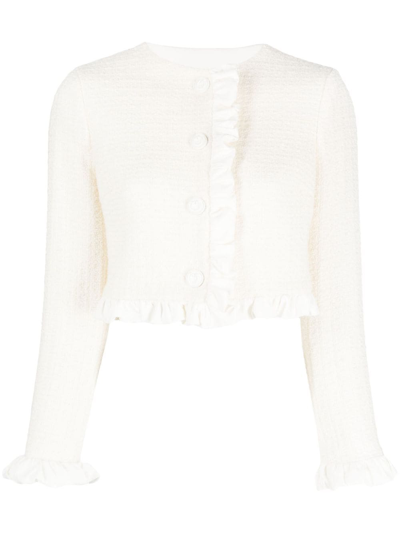 Pinko Ruffle-detail Cropped Tweed Jacket In White