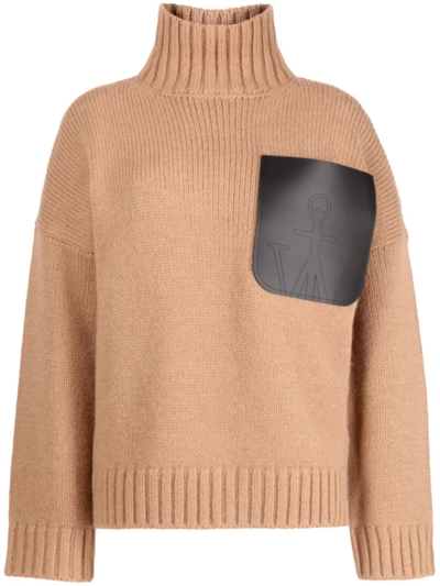 Jw Anderson Patch-pocket Roll-neck Jumper In Brown