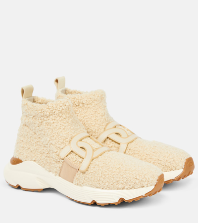 Tod's Faux Shearling Slip-on Sneakers In White