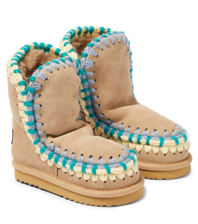 Mou Kids' Crochet-trimmed Suede Boots In Beige