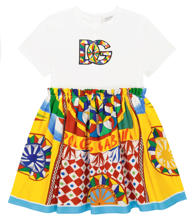 Dolce & Gabbana Kids' Carretto印花棉质平纹针织连衣裙 In White