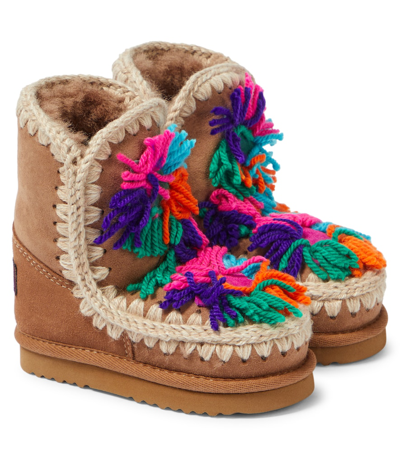 Mou Kids' Floral-appliqué Suede Boots In Brown