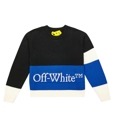 Off-white Kids' Logo拼色羊毛毛衣 In Black