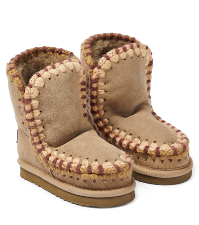 Mou Kids' Crochet-trimmed Suede Boots In Grey
