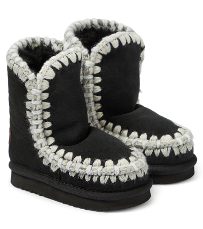 Mou Kids' Crochet-trimmed Suede Boots In Black