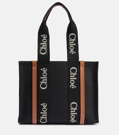 Chloé Woody Medium Linen Tote Bag In Multicoloured