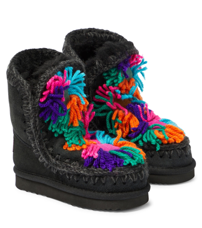 Mou Kids' Floral-appliqué Suede Boots In Black