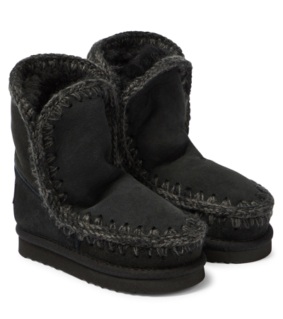 Mou Kids' Shearling-lined Suede Boots In Black