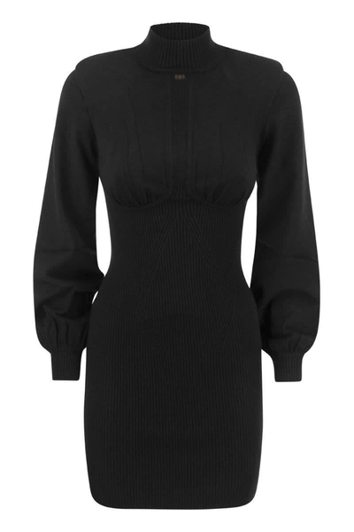 Elisabetta Franchi Ribbed Mini Dress With High Neck And Cups In Black