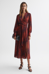 Reiss Maya - Red Animal Print Blouson Sleeve Midi Dress, Us 6