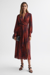 REISS MAYA - RED ANIMAL PRINT BLOUSON SLEEVE MIDI DRESS, US 6