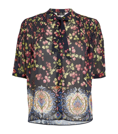 Etro Berry-print Puff-sleeve Neck-tie Silk Top In Navy