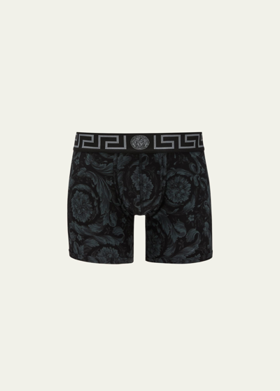 Versace Men's Barocco-print Cotton-stretch Boxer Briefs In 5b050 Blackgrey