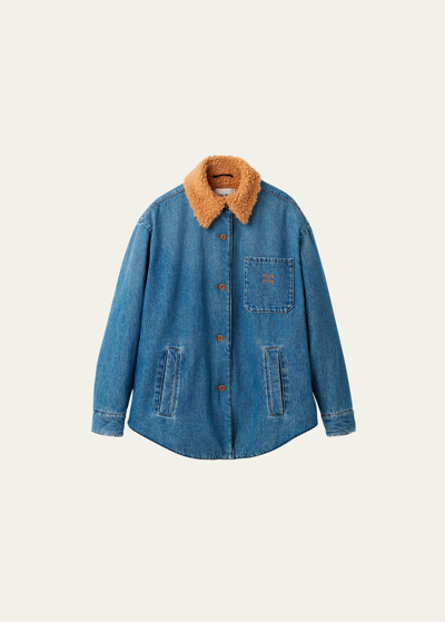 Miu Miu Logo-embroidered Denim Jacket With Faux Fur Lining In Blue
