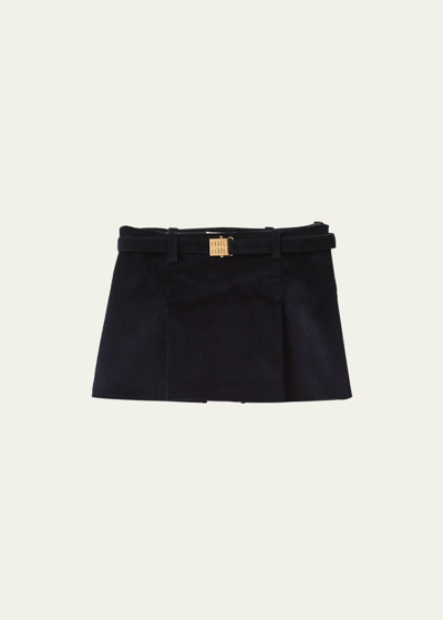 Miu Miu Velour Mini Skirt With Logo Buckle In Navy