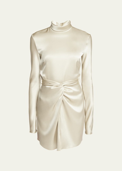 Nanushka Charon Satin Twist Front Long-sleeve Mini Dress In Porcelain