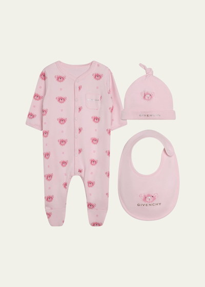 Givenchy Babies' Playsuit, Beanie And Bib Set In Pink With Print In Rosa