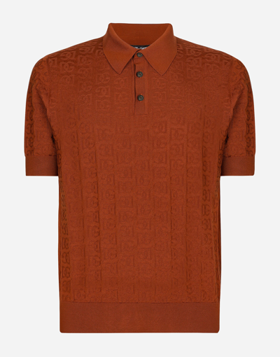 Dolce & Gabbana Silk Jacquard Polo-shirt With Dg Logo In Brown