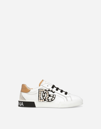 Dolce & Gabbana Portofino Vintage Calfskin Sneakers In White
