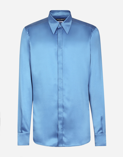 Dolce & Gabbana Silk Satin Martini-fit Shirt In Azure