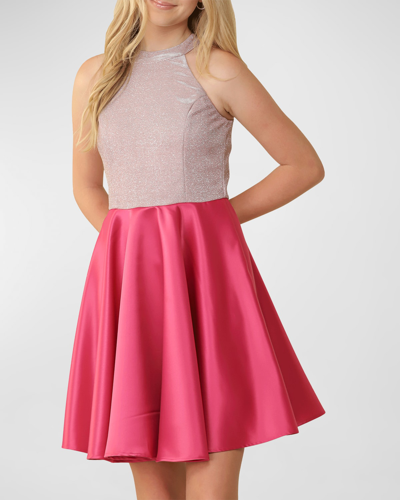 Un Deux Trois Kids' Girl's Glitter And Satin Halter Dress In Pink
