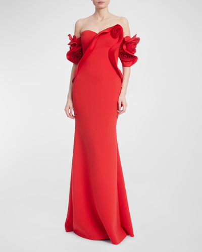 Badgley Mischka Off-the-shoulder Bow-embellished Scuba Gown In Red