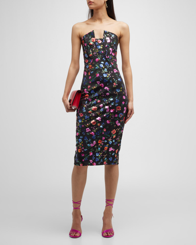 Black Halo Lena Strapless Floral-print Midi Sheath Dress In Prism Bloom