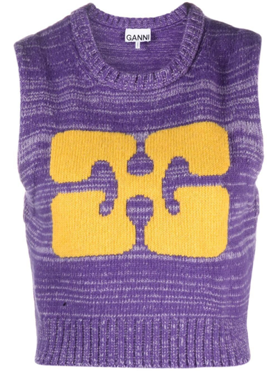 Ganni Logo Cropped Wool-blend Sweater Vest In Purple
