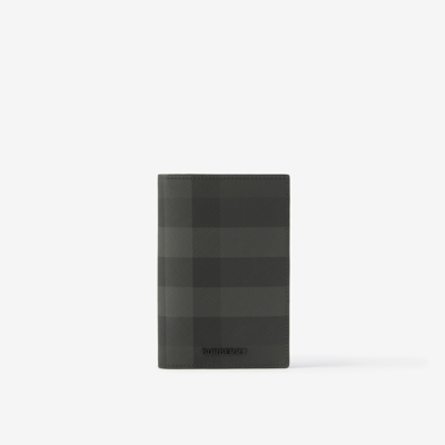 Burberry Check And Leather Passport Holder In Charcoal