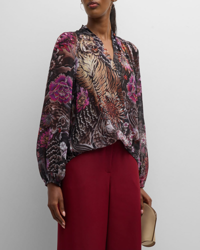 Kobi Halperin Robin Floral-print Blouson-sleeve Blouse In Black Multi
