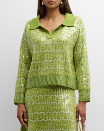Happy Sheep Sequin Geometric Intarsia Polo Sweater In Green
