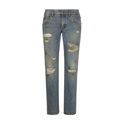 Dolce & Gabbana Washed Denim Jeans With Rips In Multicolor