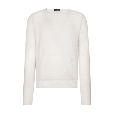 Dolce & Gabbana Round-neck Technical Linen Sweater With Rips In White