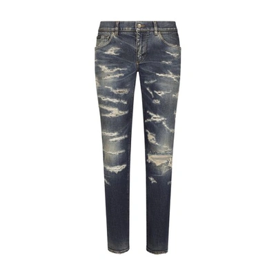 Dolce & Gabbana Skinny Denim Stretch Jeans With Abrasions In Combined_colour