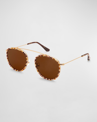 Krewe Chartres Titanium & Acetate Aviator Sunglasses In Brown
