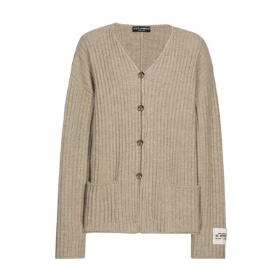 Dolce & Gabbana Logo-patch V-neck Cardigan In Beige