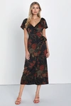 Lulus Subtle Elegance Black Floral Print Faux Wrap Midi Dress In Black