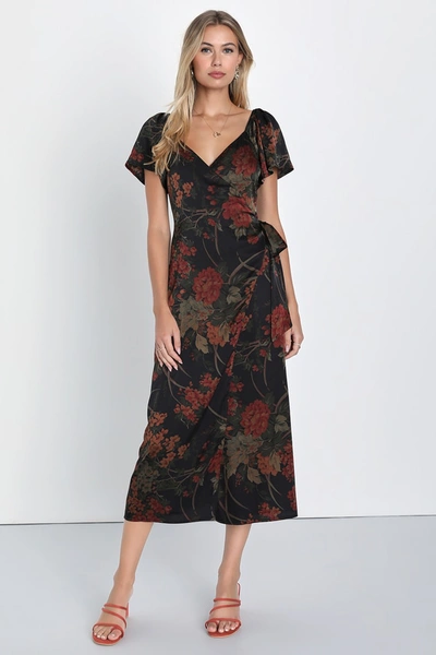 Lulus Subtle Elegance Black Floral Print Faux Wrap Midi Dress