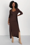 Lulus Layer Lover Brown Ribbed Knit Two-piece Dress & Cardigan Set In Brown