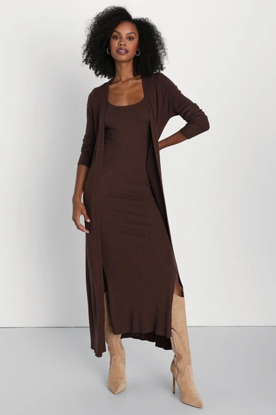 Lulus Layer Lover Brown Ribbed Knit Two-piece Dress & Cardigan Set
